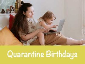 Quarantine birthdays, woman sits with young girl on laptop
