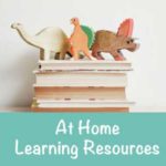 Dinosaur wooden toys on top of books, at home learning resources