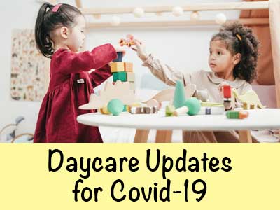two little girls playing, text say daycare updates for covid-19