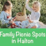 two girls playing on a picnic blanket. Text says Family Picnic Spots in Halton